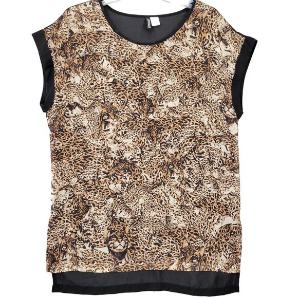 Divided By H&M Brown Shirt Sheer Blouse Leopard Print Short Cap Sleeves Womens 4 - Picture 1 of 8